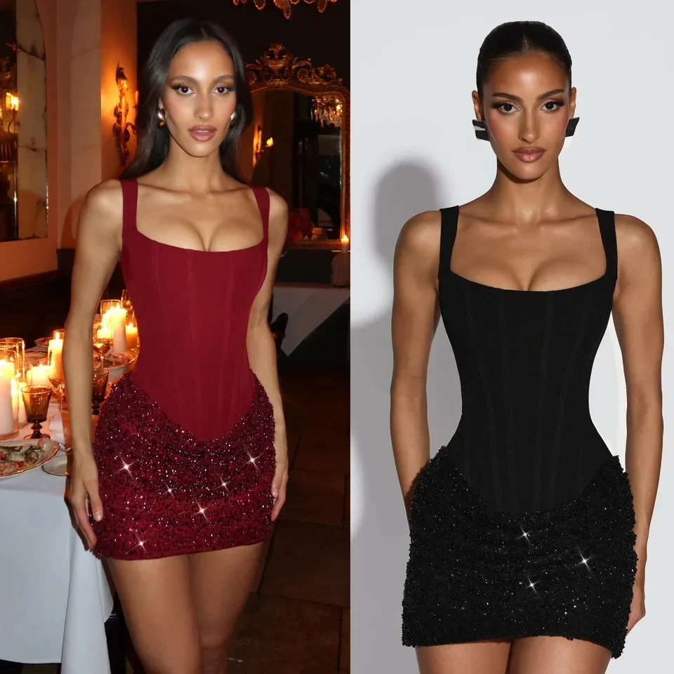 

2026 Spring Summer New Women Tie Waist Sequin Strapless Bodycon Dress Slim Party Deep V Neck Short Evening Gown Skirt