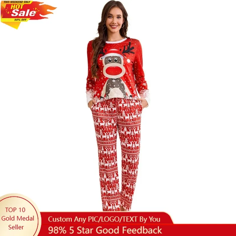 

difficort Womens Christmas Pajamas Soft Long Sleeve Pj Set Round Neck Top Jogger Pants Sleepwear with Pockets