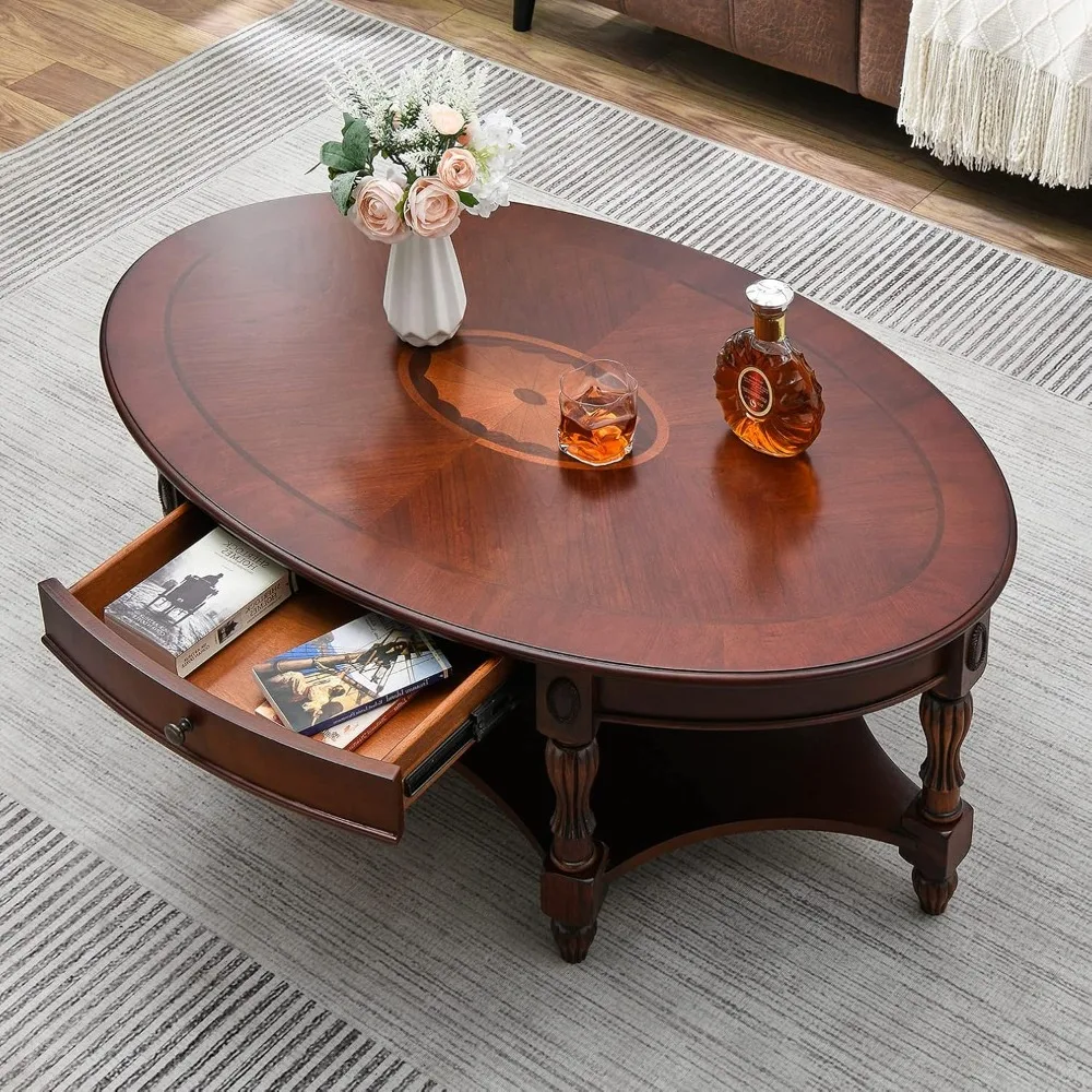 Solid Wood Coffee Table with Drawer and Storage Shelf, Traditional Living Room Cocktail Tea, Oval   Vintage 46\'\'Lx 29\'\'Wx18.2\'\'H