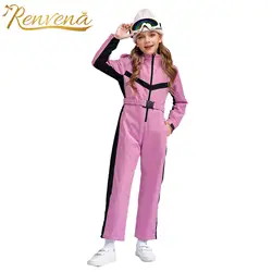 Kids Girls Ski Jumpsuit Hooded Bodysuit Water Resistant Pants Snowsuit with Belt for Outdoor Snow Sports Skiing Snowboarding