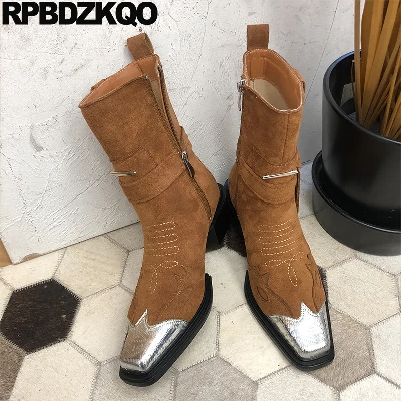 Square Toe Medium Heel Block Ankle Suede Women Patchwork Cowboy Harness Cowgirl Fur Lined Shoes Side Zip Western Boots Embroided