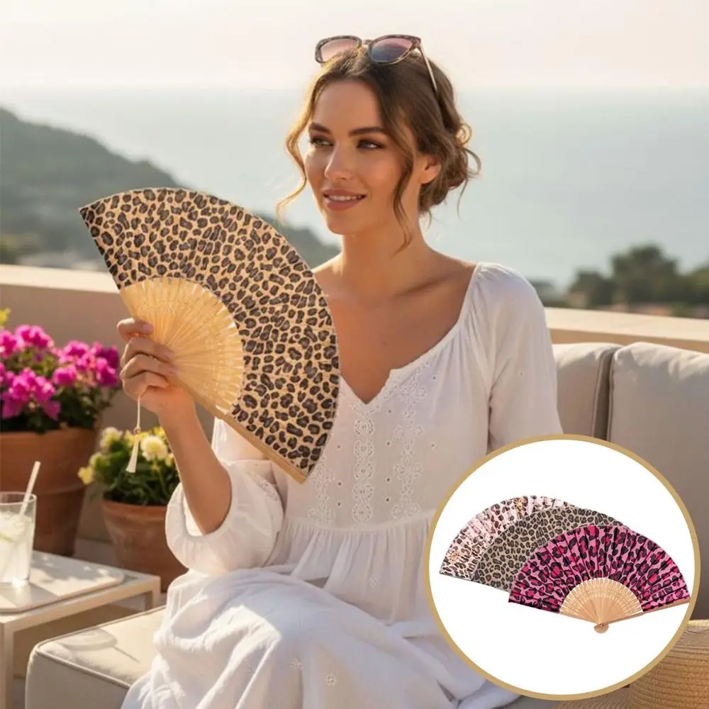 Stylish Leopard Leopard Print Folding Fan Bamboo Frame Lightweight Portable Foldable Dance Hand Fan Vintage Handheld Fan