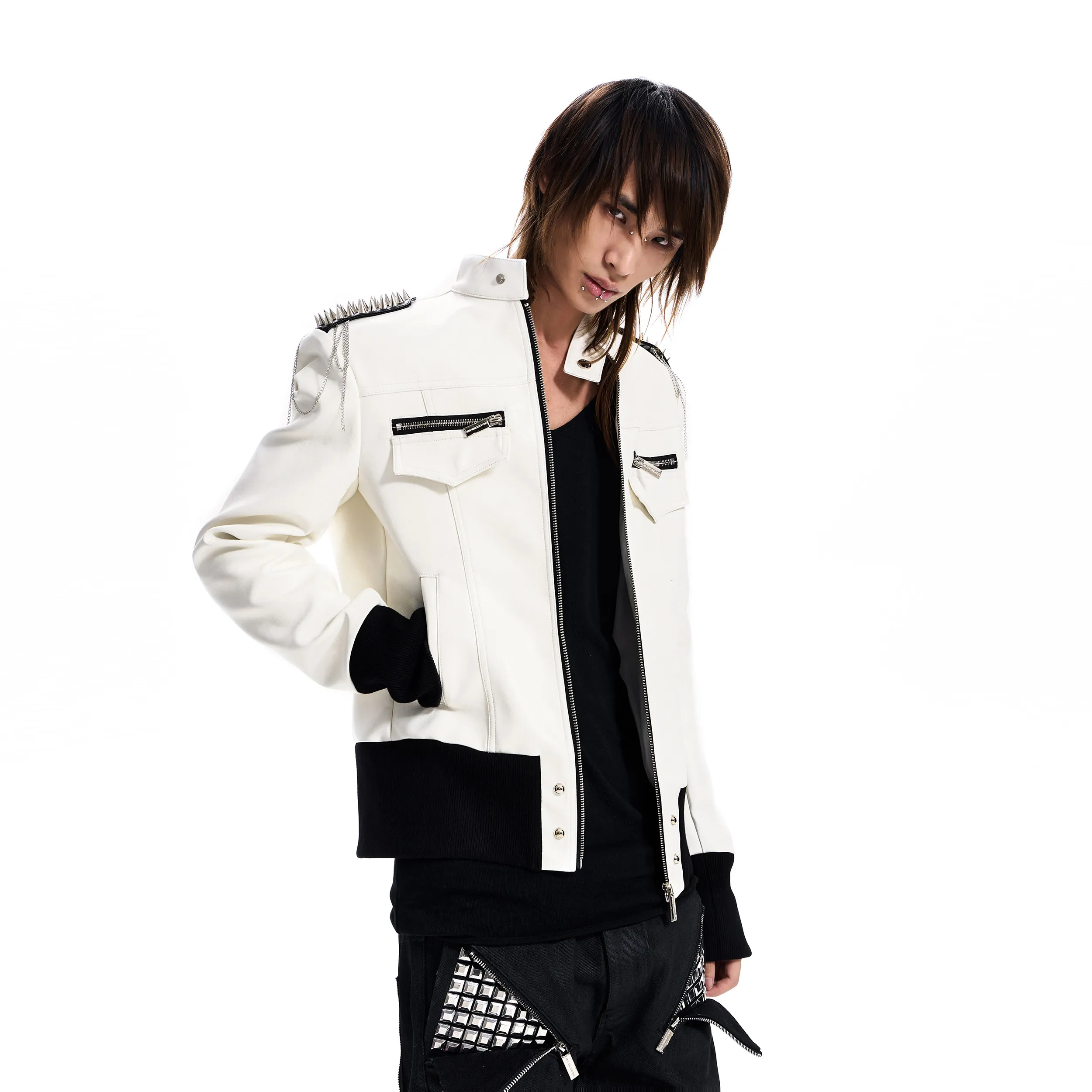 Men's Studded PU Leather Jacket Cropped Stand Collar Punk Coat for Autumn Winter Streetwear and Alternative Fashion Outfits