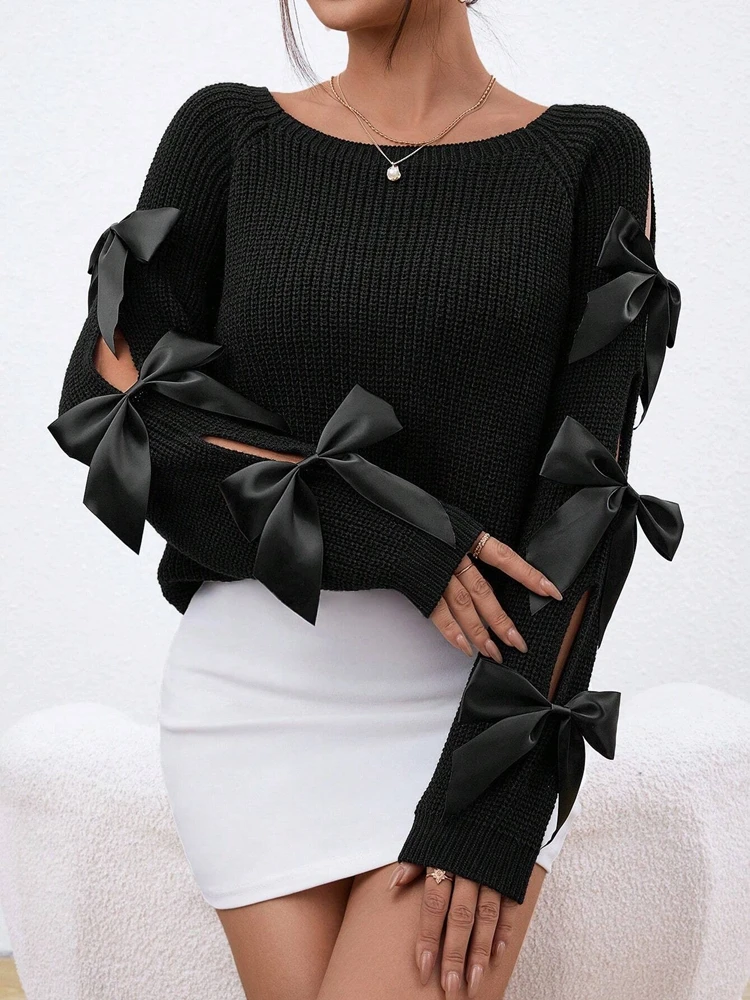 Fashionable Bow Details Hollowed Out Raglan Sleeves Knit Sweater Round Neck Minimalist Sweater
