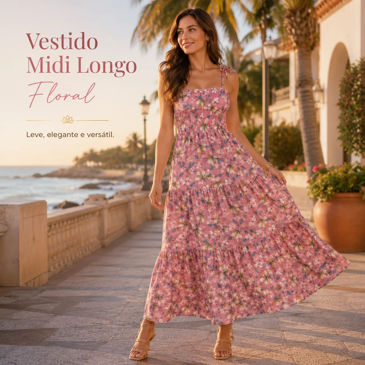 Fashion Women Floral Maxi Dress Adjustable Tie Shoulder Smocked Bodice Tiered A-Line Flowy Long Dress for Party Travel