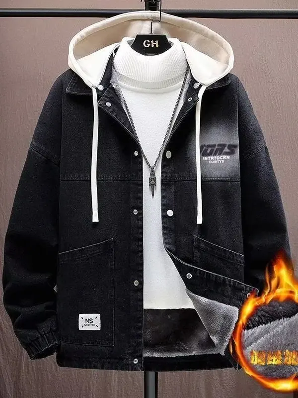 

Thiened Fce Hooded Denim Jaet for Teens Casual Warm Autumn Winter Men's Clothing Faionable All-Match Outerwear