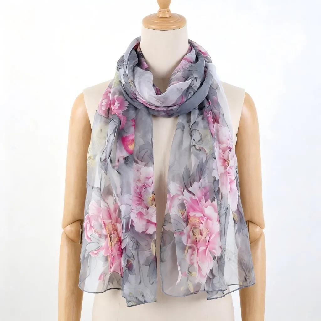 160x50cm Chiffon Silk Scarf Women's Floral Peony Print Lightweight Georgette Shawl for Summer Elegant Neck Wrap Beach Cover-Up,