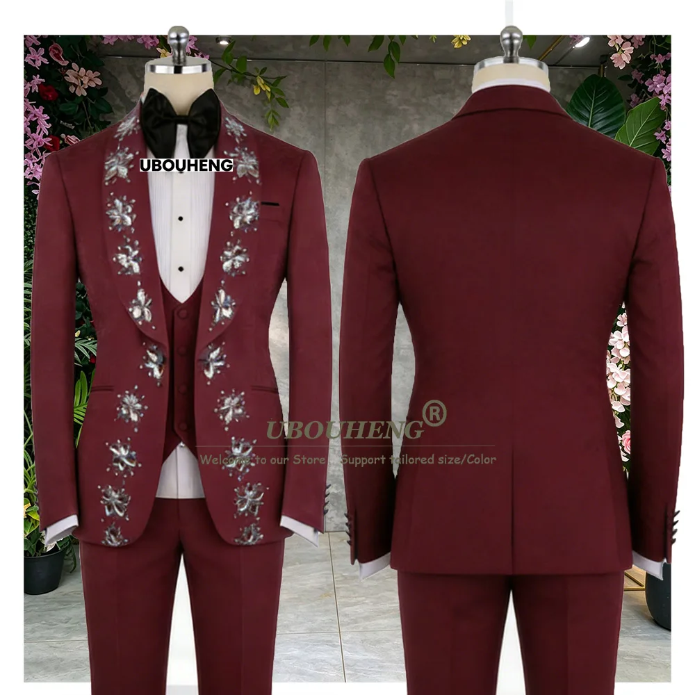 Exclusive Men's Suit For Wedding Beaded Stones Single Breasted Tuxedo Attire Plus Size Groom Formal Wear Attrie Male Clothing