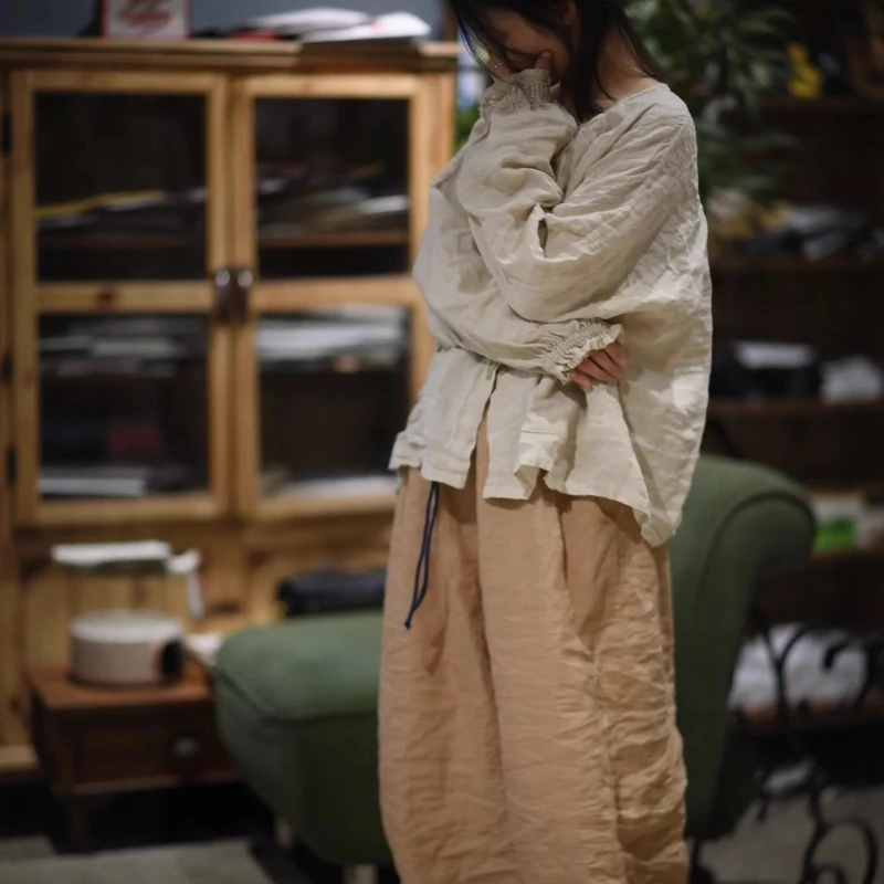 

Женские винтажные однотонные блузки и топы из рами на весну, женские блузки с пышными рукавами, новинка 2026 года, в стиле артистов, натуральные женские рубашки оверсайз