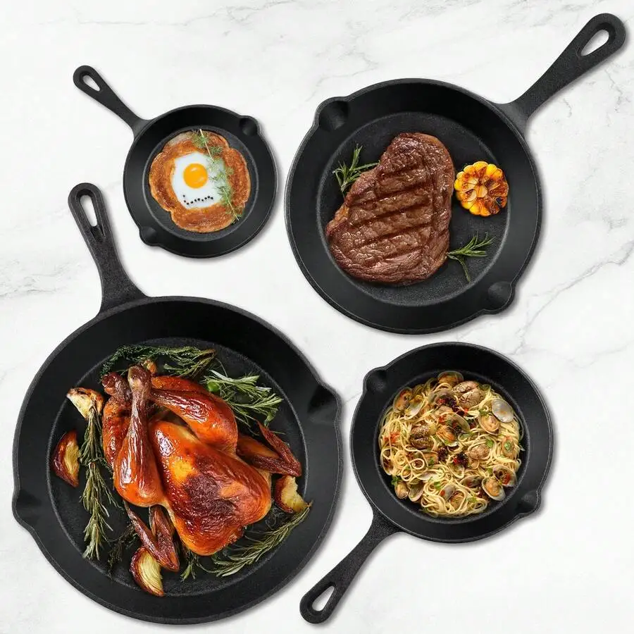 4-Piece Cast Iron Frying Pan Set - Pre-Seasoned Chef Grade (10 Inches/8 Inches/6 Inches/5 Inches), Durable Restaurant Quality, O