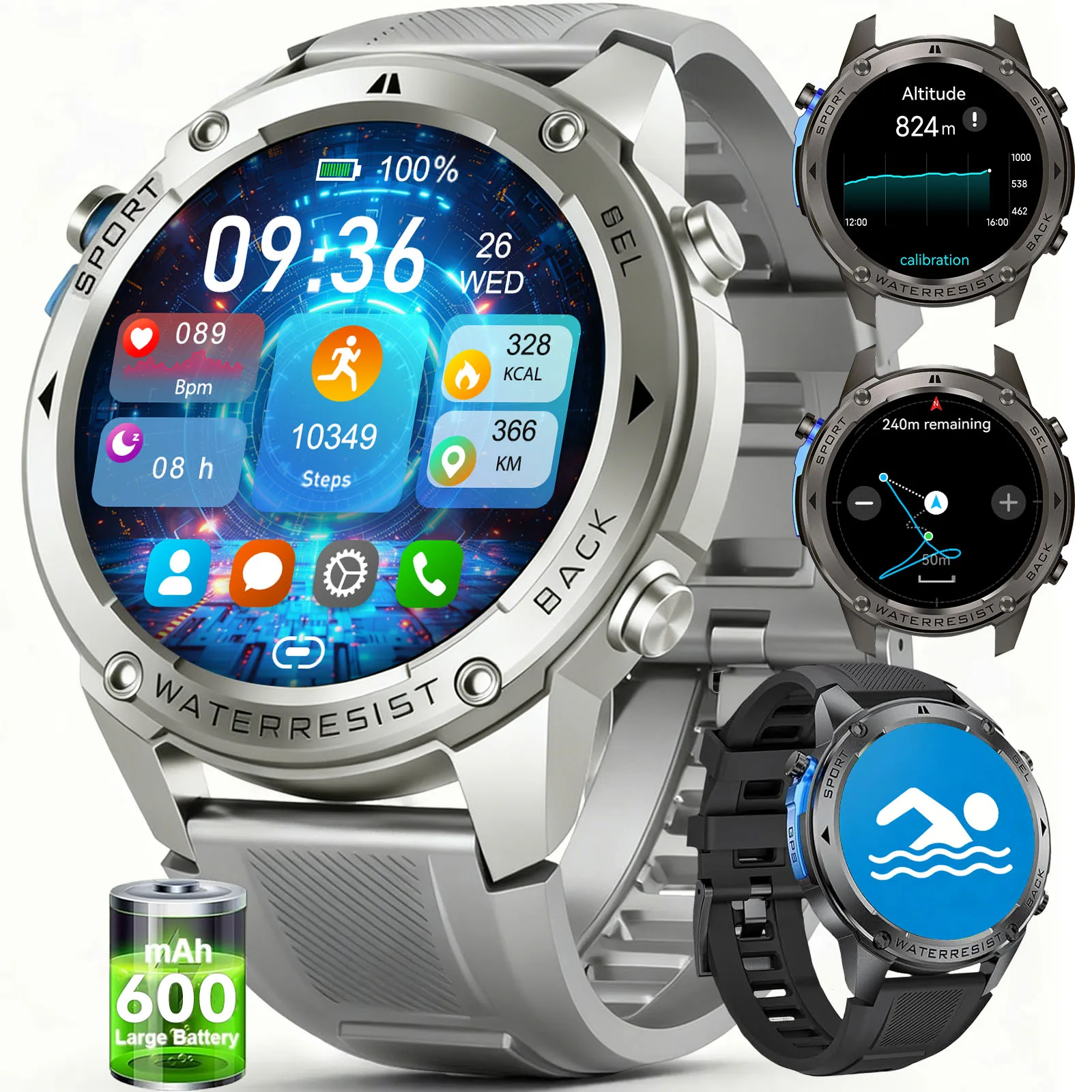 

Новые смарт-часы 2026 года с ультра-аккумулятором 600 мАч, встроенным GPS-компасом, водонепроницаемостью 10ATM, спортивным трекером, для активного отдыха, военные смарт-часы