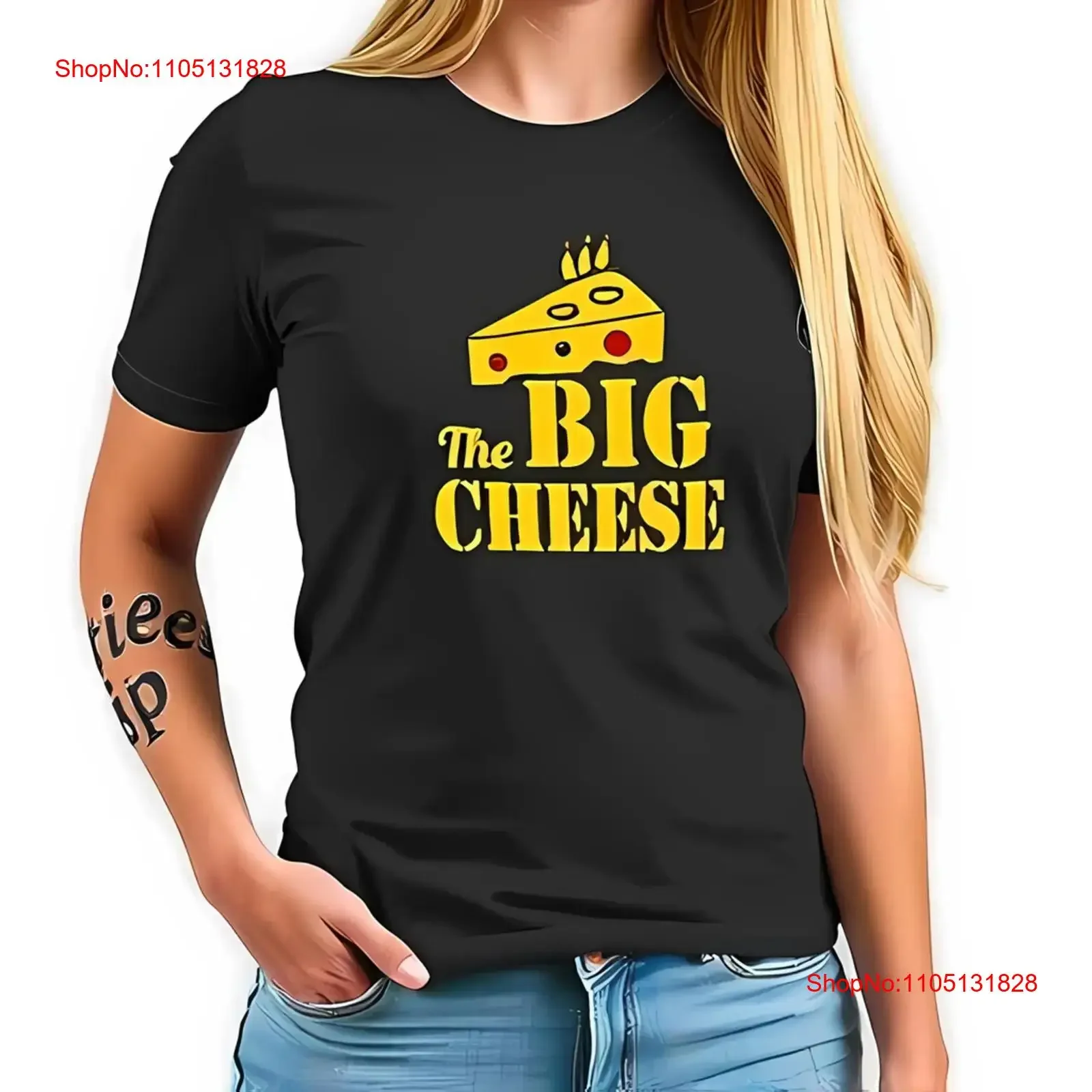 Elegante camiseta de algodón negro con el queso grande, ropa de diseñador lavada vintage, Top informal gráfico para uso diario