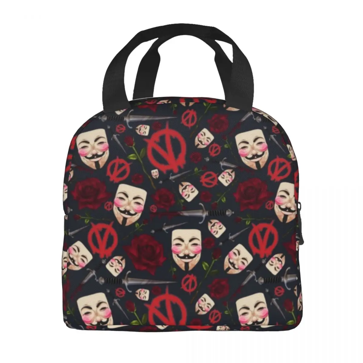 V For Vendetta Pattern Thermal Insulated Lunch Bags Women Guy Fawkes Lunch Tote for School Office Outdoor Storage Food Box