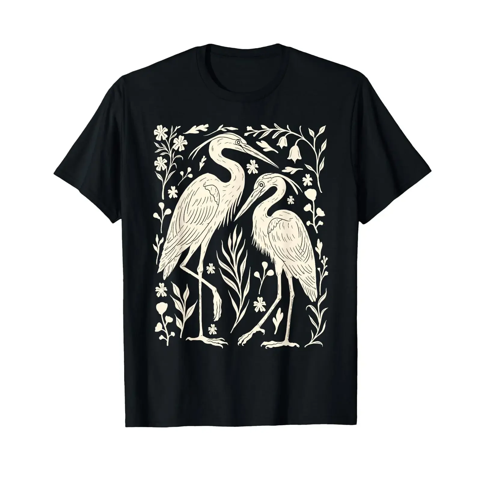 Blue Heron Linocut Nature Lino Print Bird Folk Art Forest T Shirt vintage Washed Top For Everyday Wear Casual Breathable