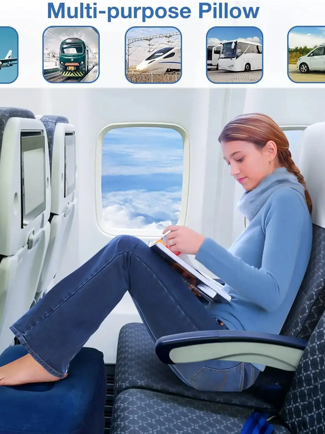 Flugzeug-Fußstütze, Reise-Fußstütze, Kissen, aufblasbare Reise-Fußstütze für Flugzeuge, höhenverstellbar, 3-lagig, ergonomisch, zusammenklappbar – Detail 1