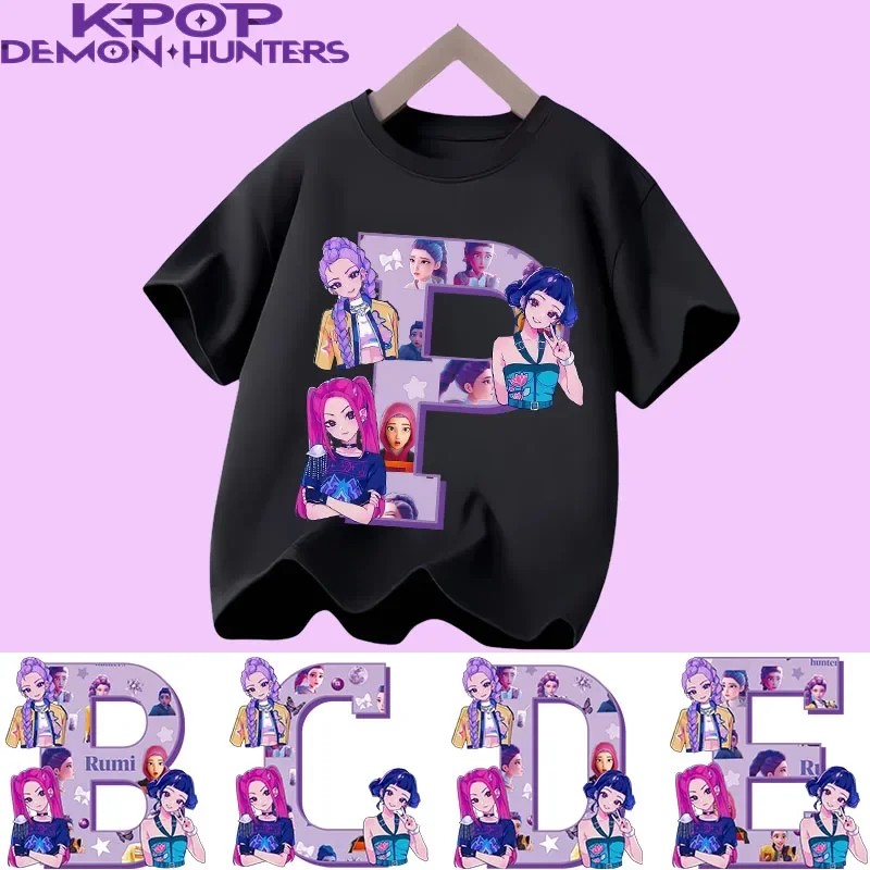 2026 Children's cotton T-shirt, girls' sports shirt, K-pop Demon Hunter 2026 new summer short-sleeved casual top, A-Z letters
