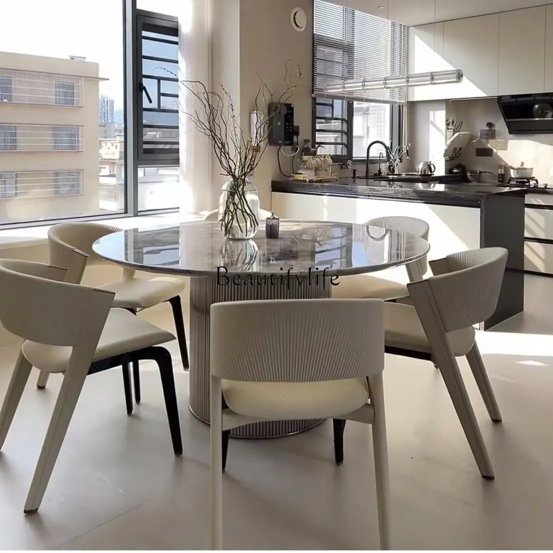 Gray luxury stone round table Modern simple high-end natural marble round dining table