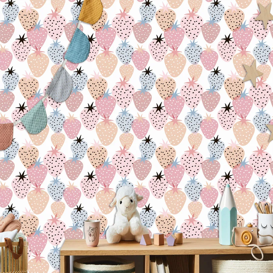 12+ Cute Nursery Strawberry Pattern Wallpaper for Living Room Walls Home Decor Kids Baby Girls Bed Mural, Self Adhesive Optional
