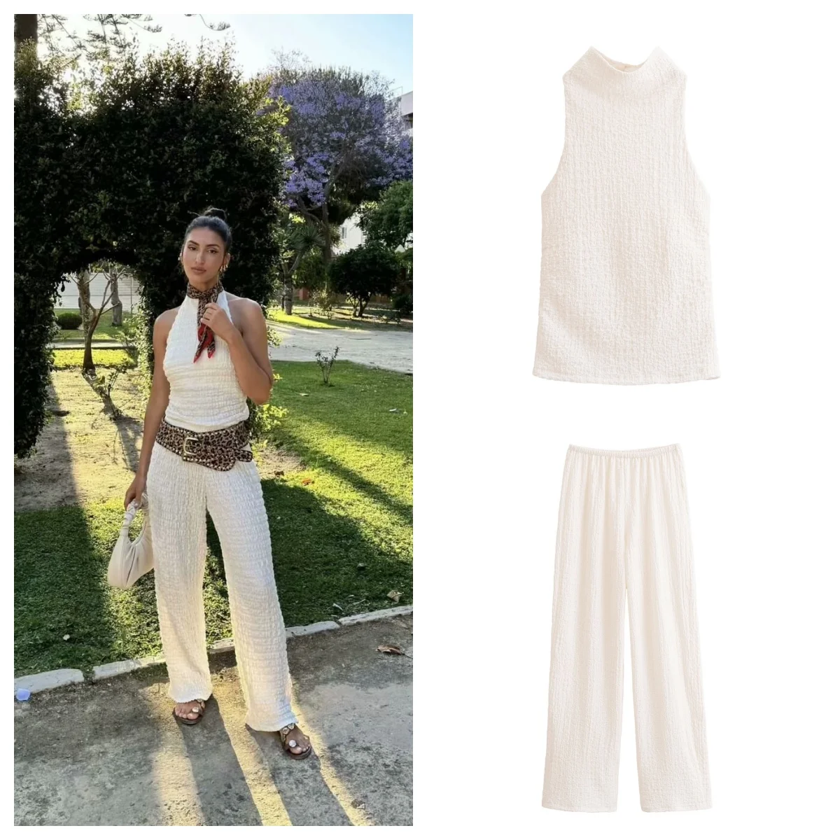 

High-end niche suit for women new summer style textured halter neck backless vest design high waist straight-leg wide-leg