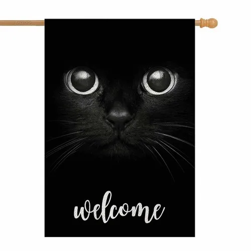 Cat Welcome House Flag 28 x 40 Inch Large Vertical Double Sided Black Cat Sho... HHZ UUV HHM UUX