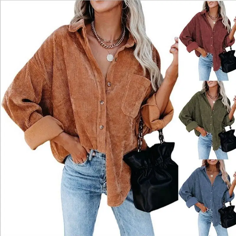 

Oversize Corduroy Button irt Loose Fit Long Sve Pure Color Ne Women's Autumn Winter Faion Cross-Border Clothing
