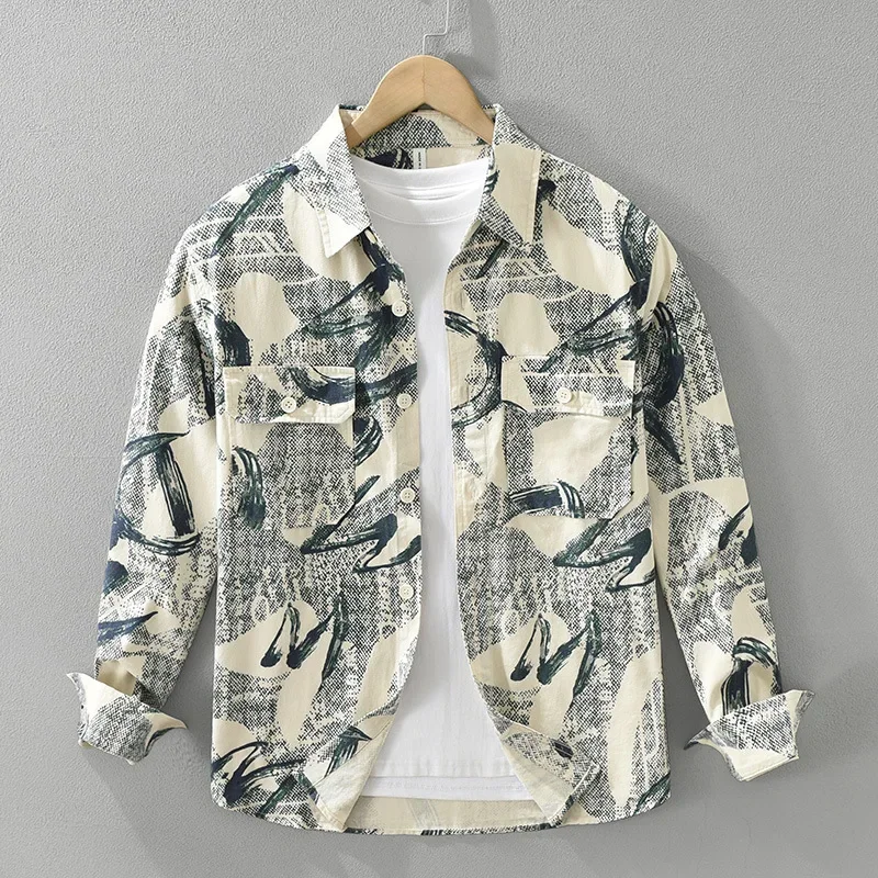 

High Street Printed Shirts Male Spring New Mens Long Sleeve Shirts Double Pockets Pure Cotton Top Korean Fashion Clothing Youth