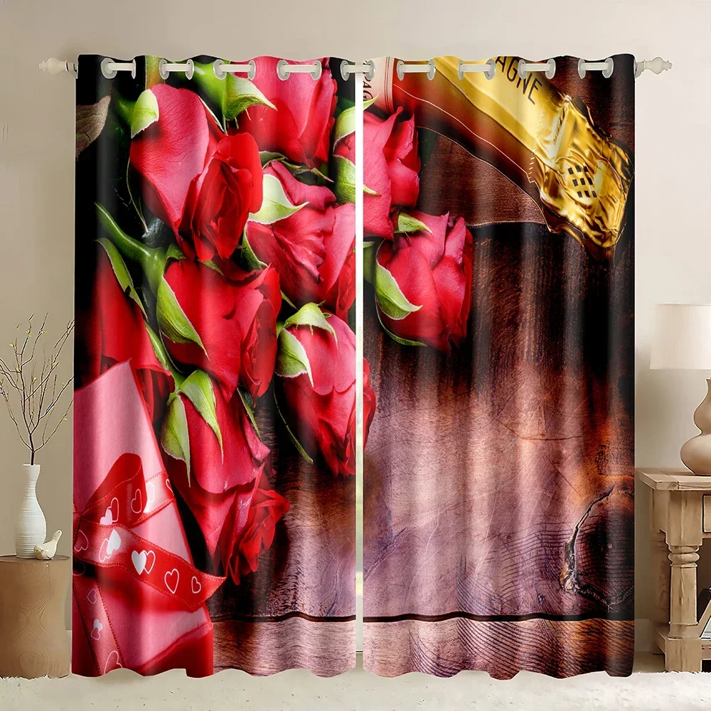 3D Rose Window Curtains Decor Rose Floral Bouquet Blackout Curtains Elegant Royal Blue Romantic Flower Valentine's Day Gift