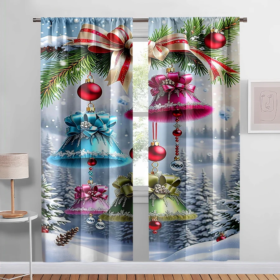 2PCS Digital Print Curtain, Colorful Christmas Bells with Bows and Pine Branches, Snowy Forest Background, for Window Home Decor