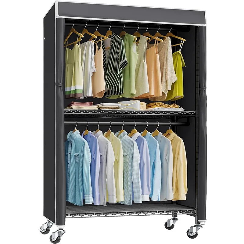 

Cross-border steel simple wardrobe bedroom household hanger adjustable portable storage rack vertical wardrobe with wheels