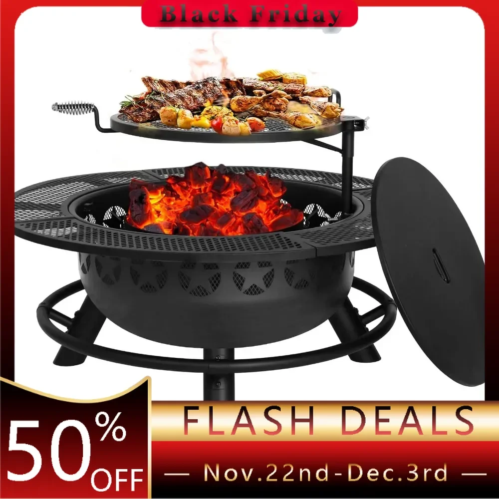 35 Inch Fire Pit with Cooking Grate & Charcoal Pan, Outdoor Wood Burning BBQ Grill Firepit Bowl with Cover Lid,Steel Round Table