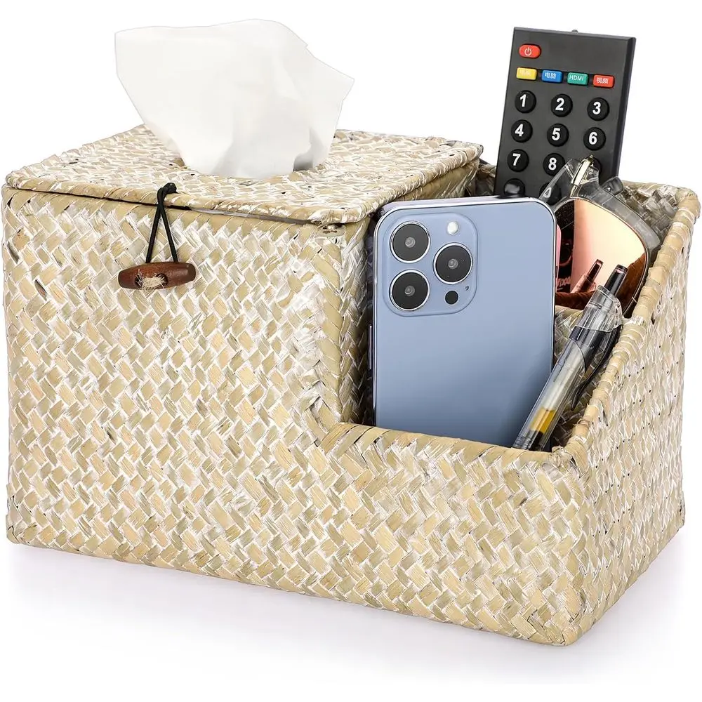 Square Woven Tissue Box Organizer Desk Rustic Seagrass Tissue Box Holder with Side Organizer Decorative Cube Tissue Cover Bathro