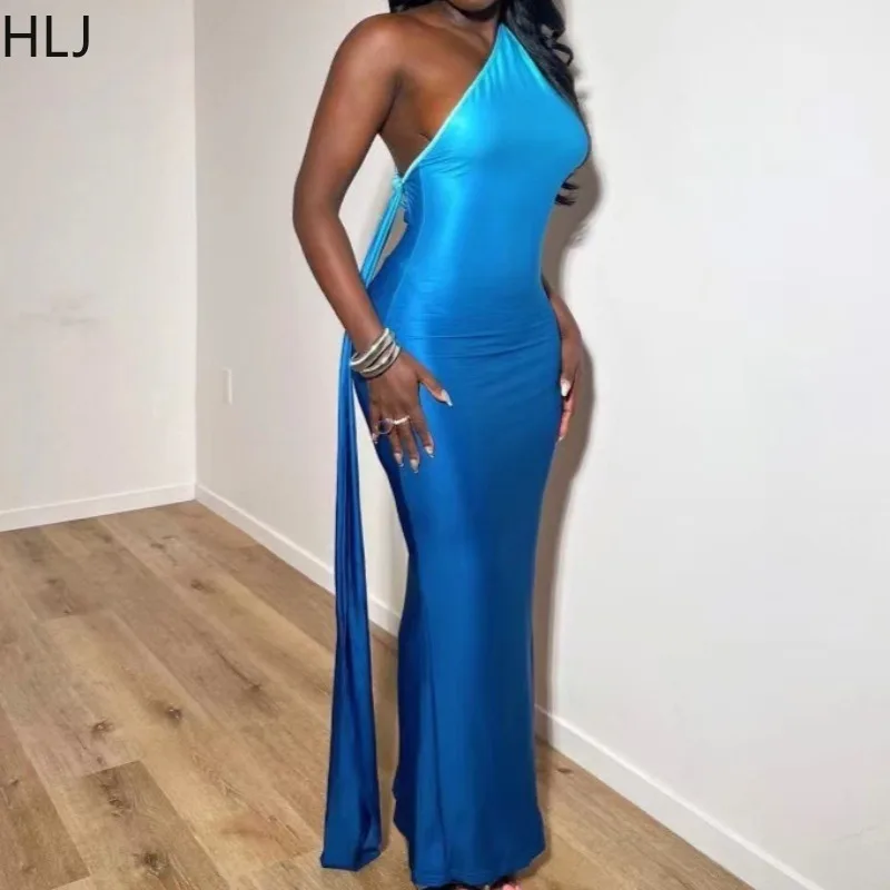 HLJ Streetwearเซ็กซี่Gradient Bodyconชุดยาวผู้หญิงไหล่เอียงBacklessหญิงNight ClubวันหยุดVestidos 2025