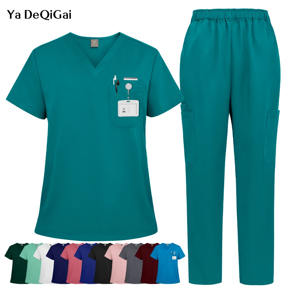 Scrubs Uniform Women Pet Shop Lab Work Clothes Medical Doctor Surgery Workwear Short Sleeve Scrub Set Nursing Uniform Tops+Pants