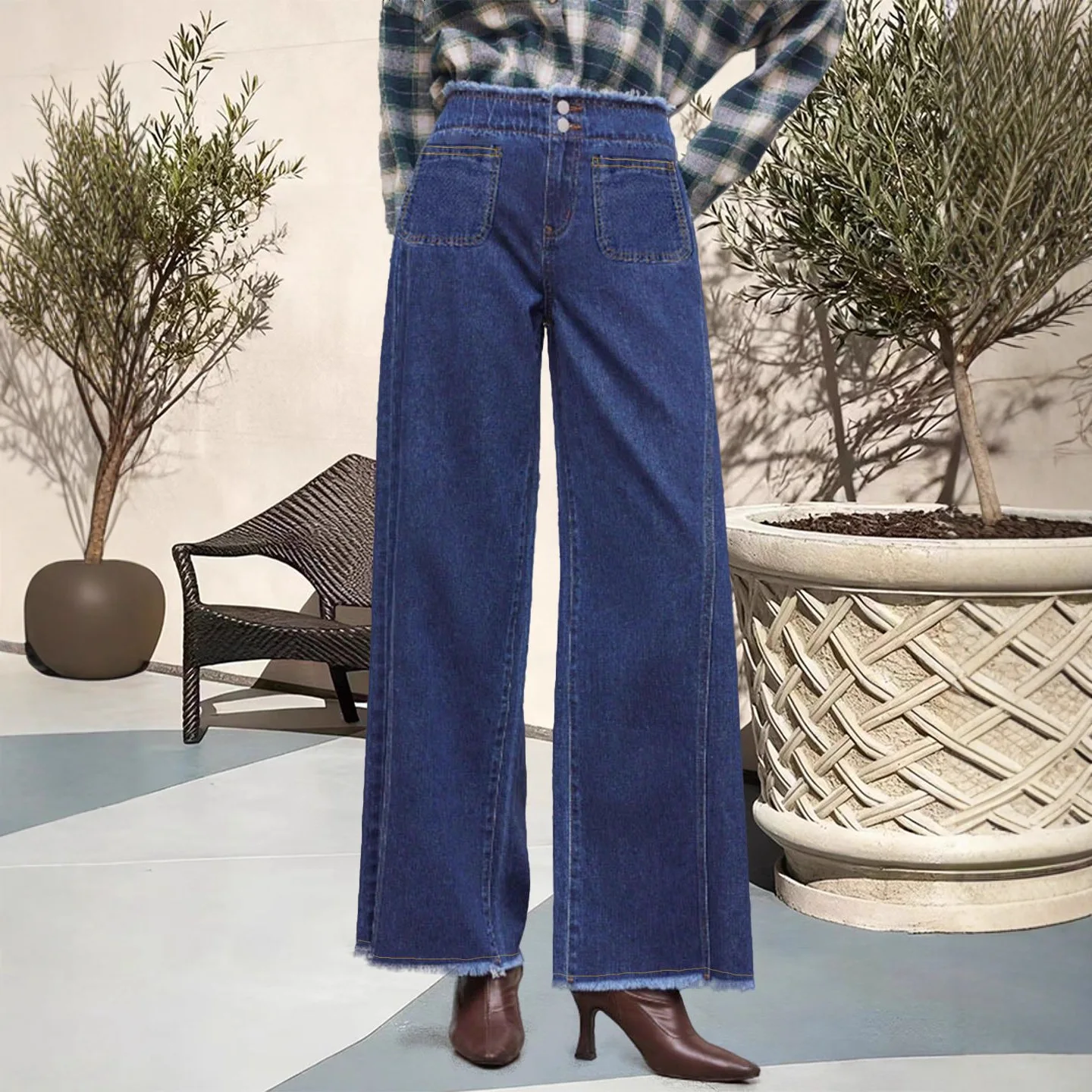 Autumn Women's Denim Pants Dark Blue Ladies Jeans Straight Casual Streetwear Loose Fringed Wide Leg Trousers New Fashion