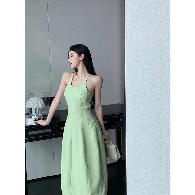 

2024 Summer Casual Formal Midi Dress Women Sleeveless Pure Color Even Party Dress Office Lady Elegant Korean White Dresses Chic