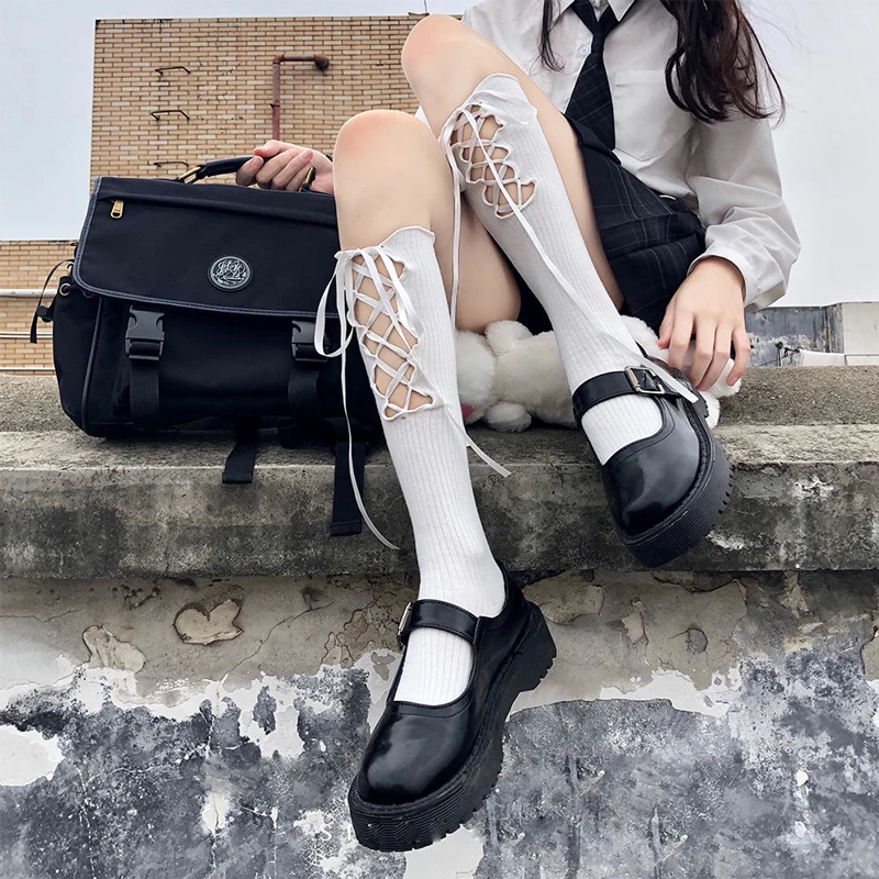 Women Stockings Sexy Lingerie lolita Cotton Fishnet Bandage Bowknot Thigh High Over Knee Socks Knee-High Student Stocking image 2