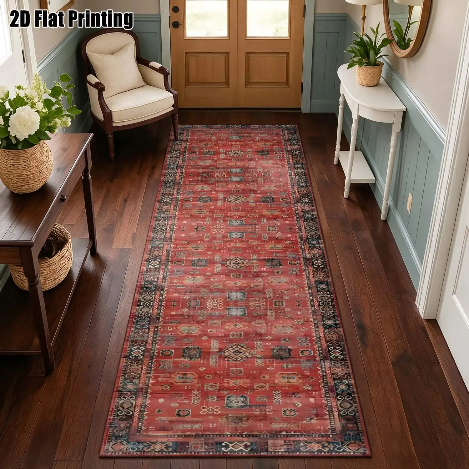 1Pc 2D Printed Striped Runway Carpet: Retro Red Geometric Striped Rug, Bohemian/European/Nordic Style, Home Decor, Multi-Size, Machine Washable, for Entrance, Hallway, Living Room, Bedroom