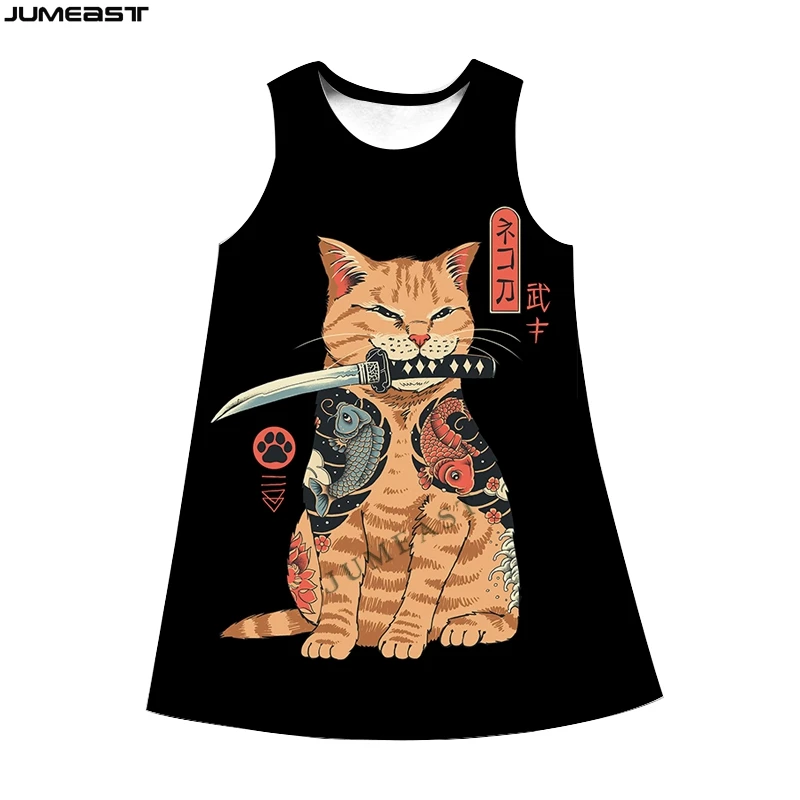 

Jumeast Y2k Women 3D Printed Dresses Hip Hop Japanese Samurai Cat Summer Fashion Sleeveless Dress Suspender Nightdress