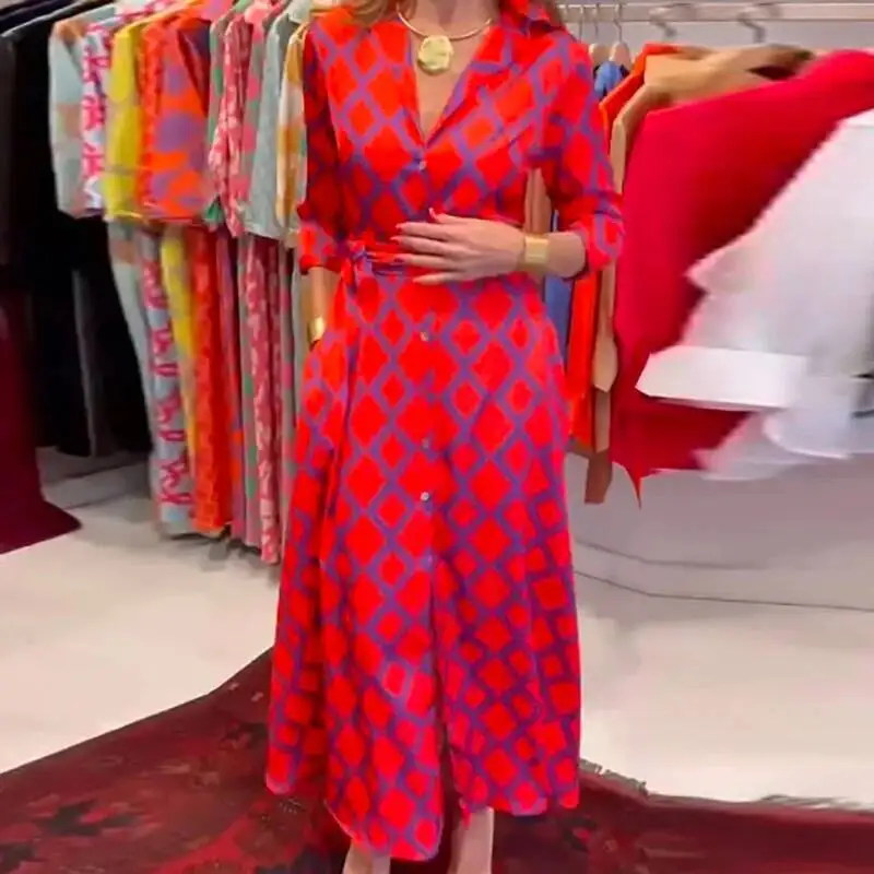 Estate nuova stampa floreale scollo a V strada Boho moda mezza manica allentata bottone abito da festa donna elegante abiti con volant a fessura