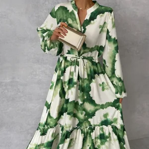 Maxi Dress Long Sleeve With V V For Women, Green Print, Waist Adjustment, Elegant Women's Party Dress, Summer, 2024 10 Main Sales Long Green Dress - №10