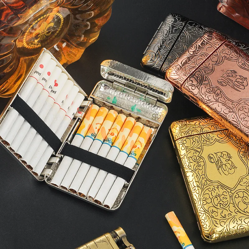 

Retro Hand-carved Metal Cigarette Case Portable Pocket Tobacco Holder Storage Box for 14 Cigarettes Smoking Accessories