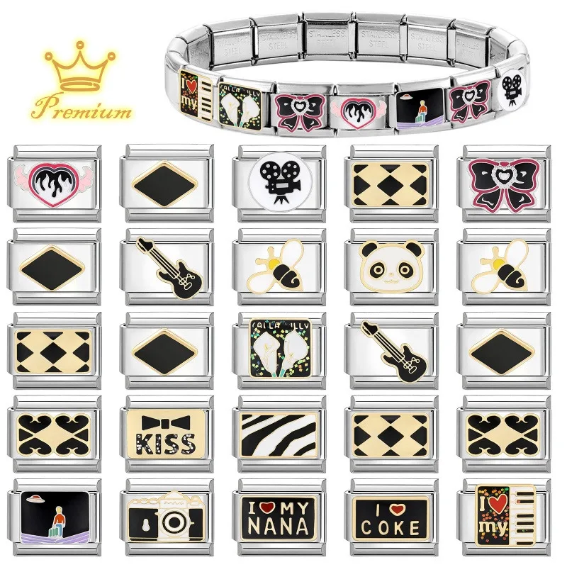 FUNIQUE Fashion Black Panda Football Billiards Camera Italian Charm Links Fit 9mm Bracelet Stainless Steel DIY Jewelry Making