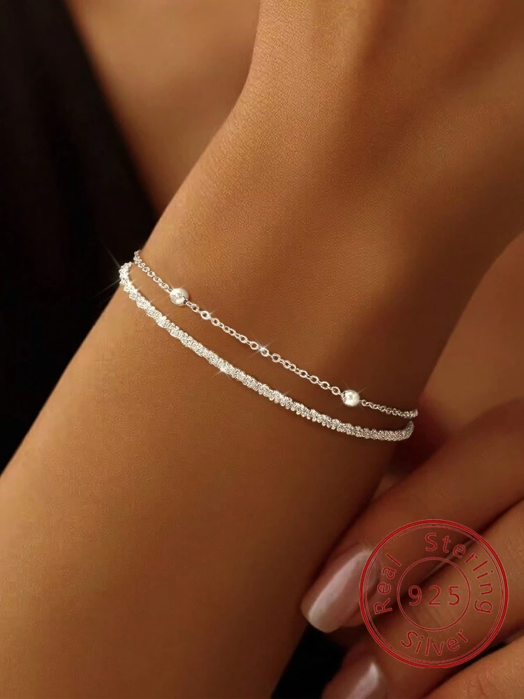 

925 Sterling Silver Simple Double Layered Round Bead Bracelet For Women Anniversary Party Personalized High Quality Fine Jewelry