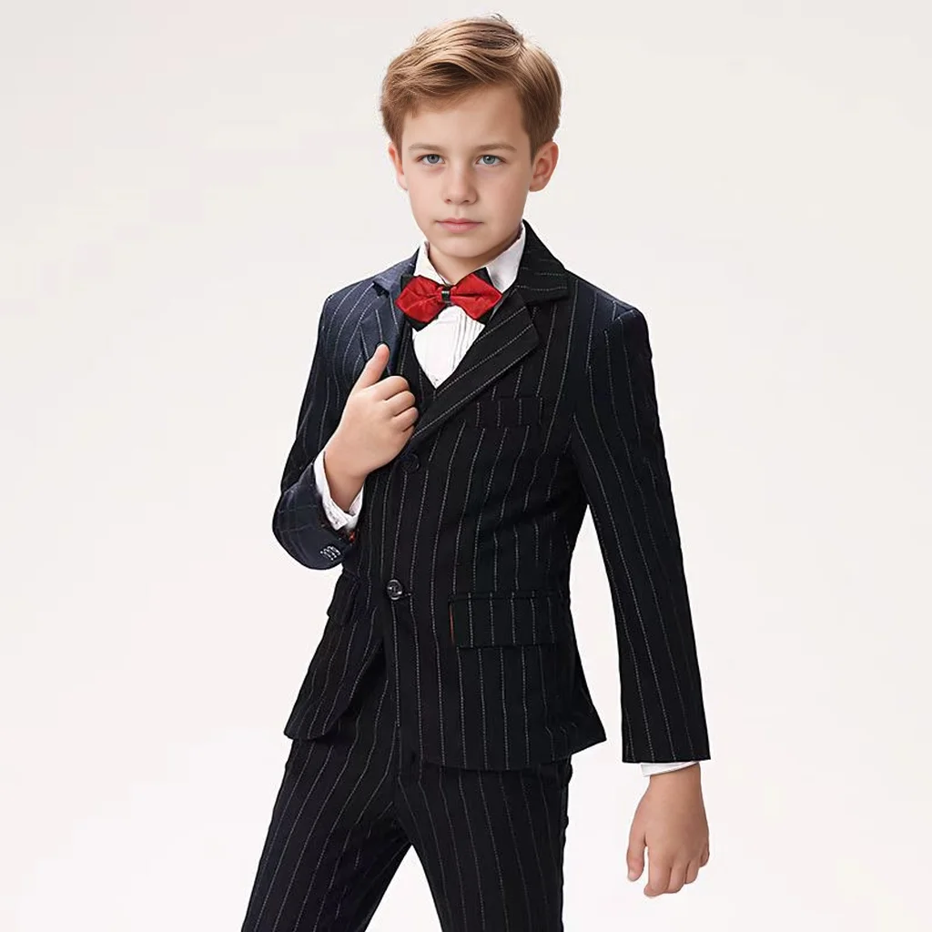 Formal Black Striped Boys Suit Three Piece Set Blazer Vest And Pants Wedding Dresses Ring Bearer Outfits Party Celebrity Dress