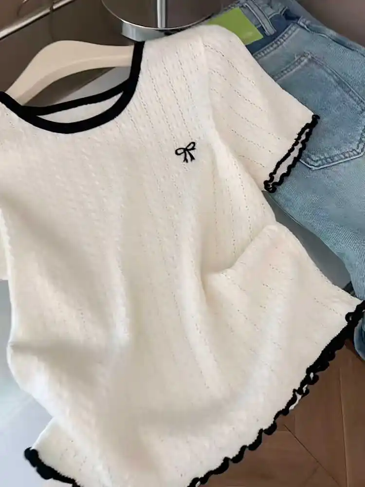 Été mince tricoté plissé oulder ort Sve T-shirt femmes Chic blanc nœud papillon u-ne coupe ample trajet Sle irt
