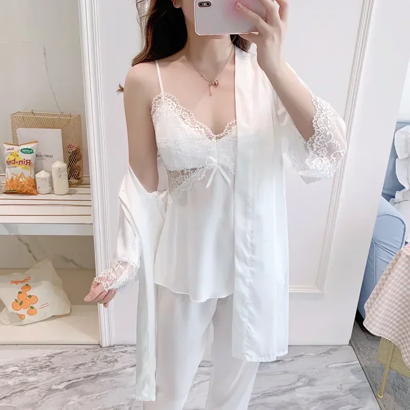 Satin V-Neck Home Sleep Sleepwear 3PCS White Robe Women Trouser Pajamas Lingerie Nightsuits Top Spring Suit Clothes Lace Set