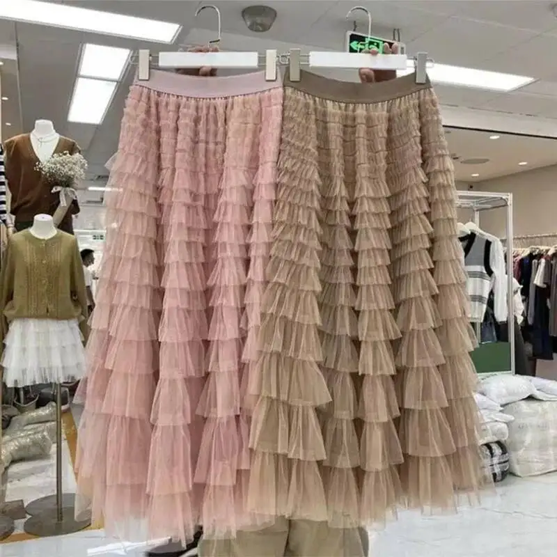 

Женская длинная юбка из тюля с высокой талией, модная марлевая юбка с каскадными оборками, элегантное бальное платье трапециевидной формы, вечерние юбки