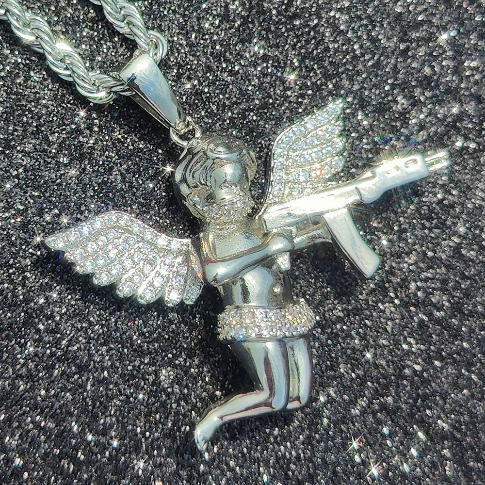 Hip Hop Rapper Punk New Trend Iced Out Angel With Gun Diamond Jewelry  Vengeance Angel Wing Pendant Choker Necklace Women Gift