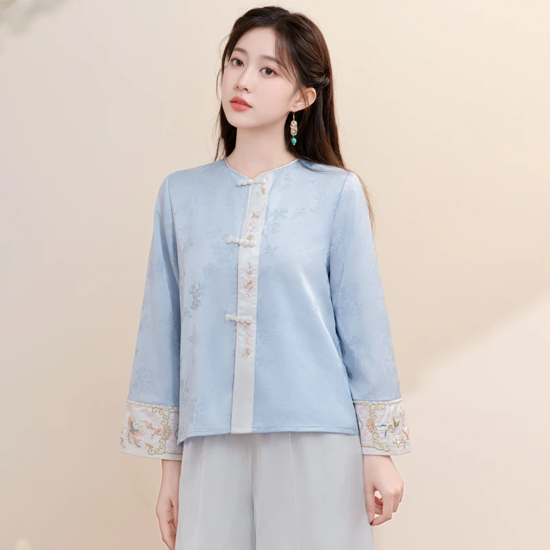 Blue New Chinese Style Embroidered Satin Young round Neck Heavy Work Jacket Young Style Improved Tang Costume Spring Fashion