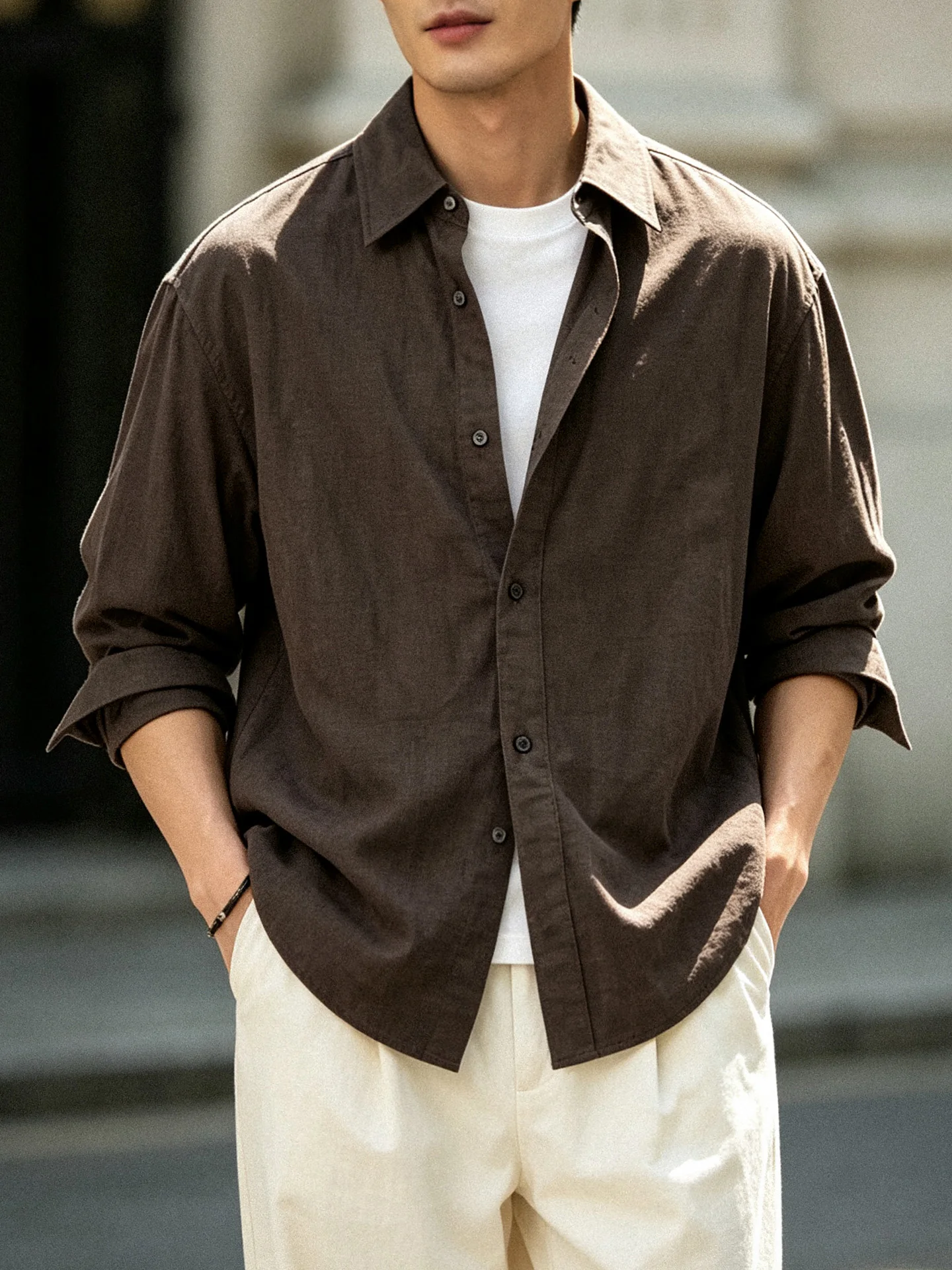 Loose Fit Linen Long Sleeve Shirt Men's Casual Style Autumn New Arrival Plain Color Button down Front Open Cardigan Coat